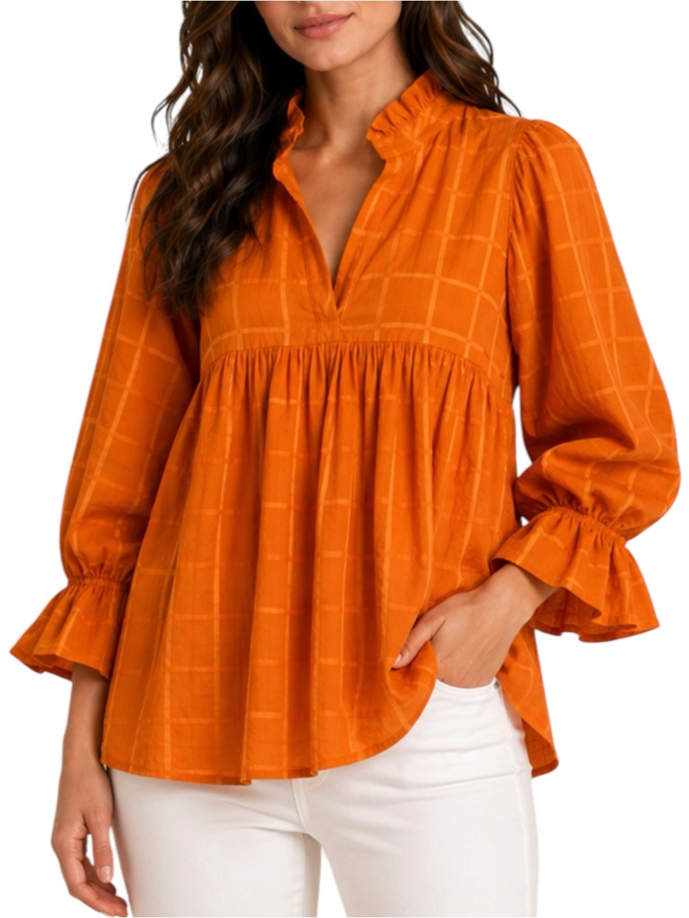 NWT Never A Wallflower High Neck Top in Burnt Orange Windowpane 100% Cotton